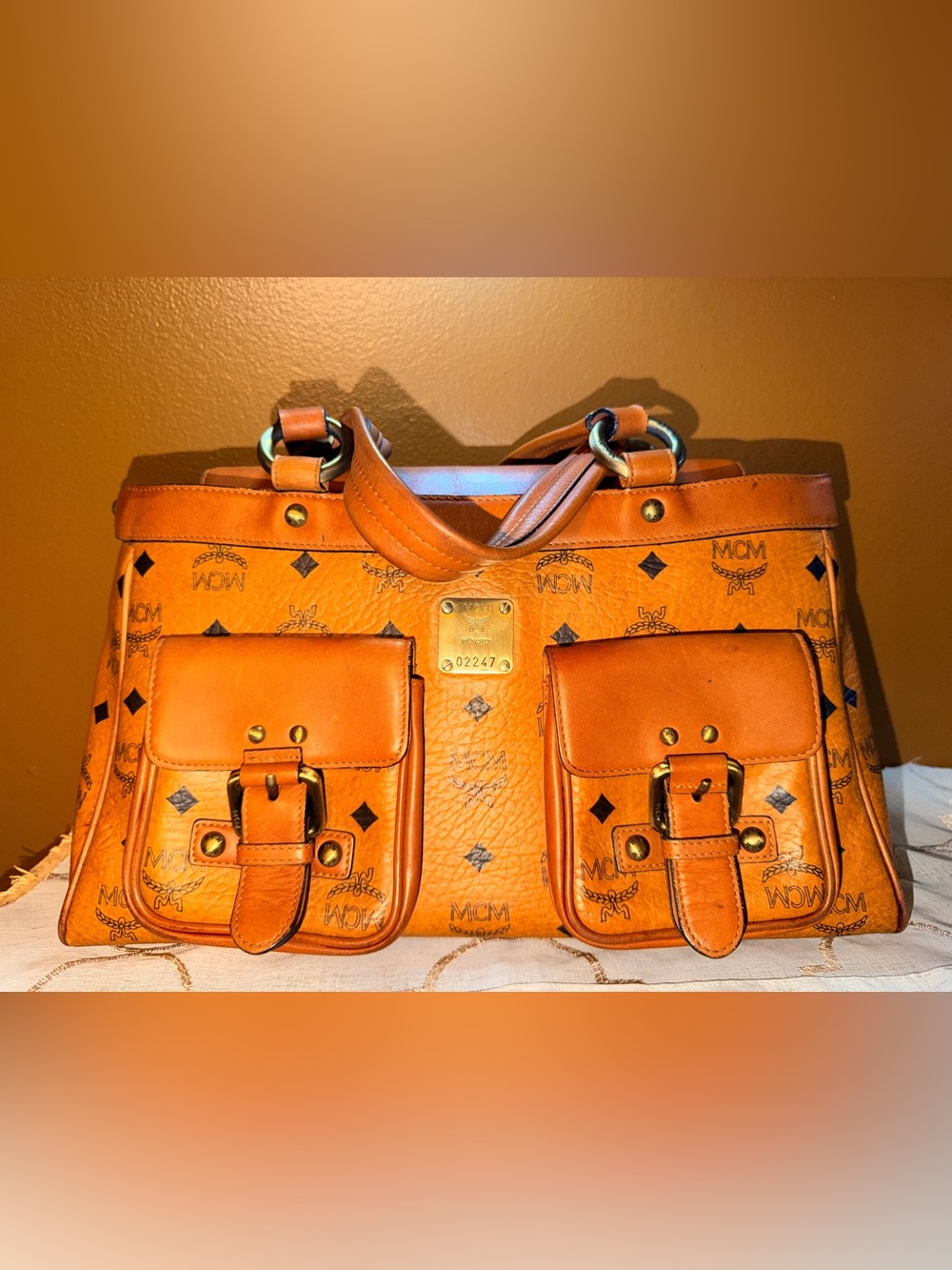 MCM Cognac Visetos Double Pocket Satchel Bag